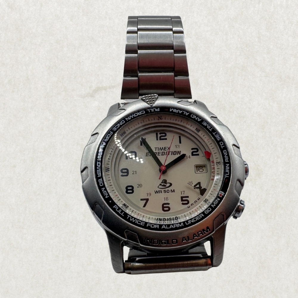 Rare VTG Timex Expedition Men 39mm Watch Silver Tone Alarm Indiglo Date SS